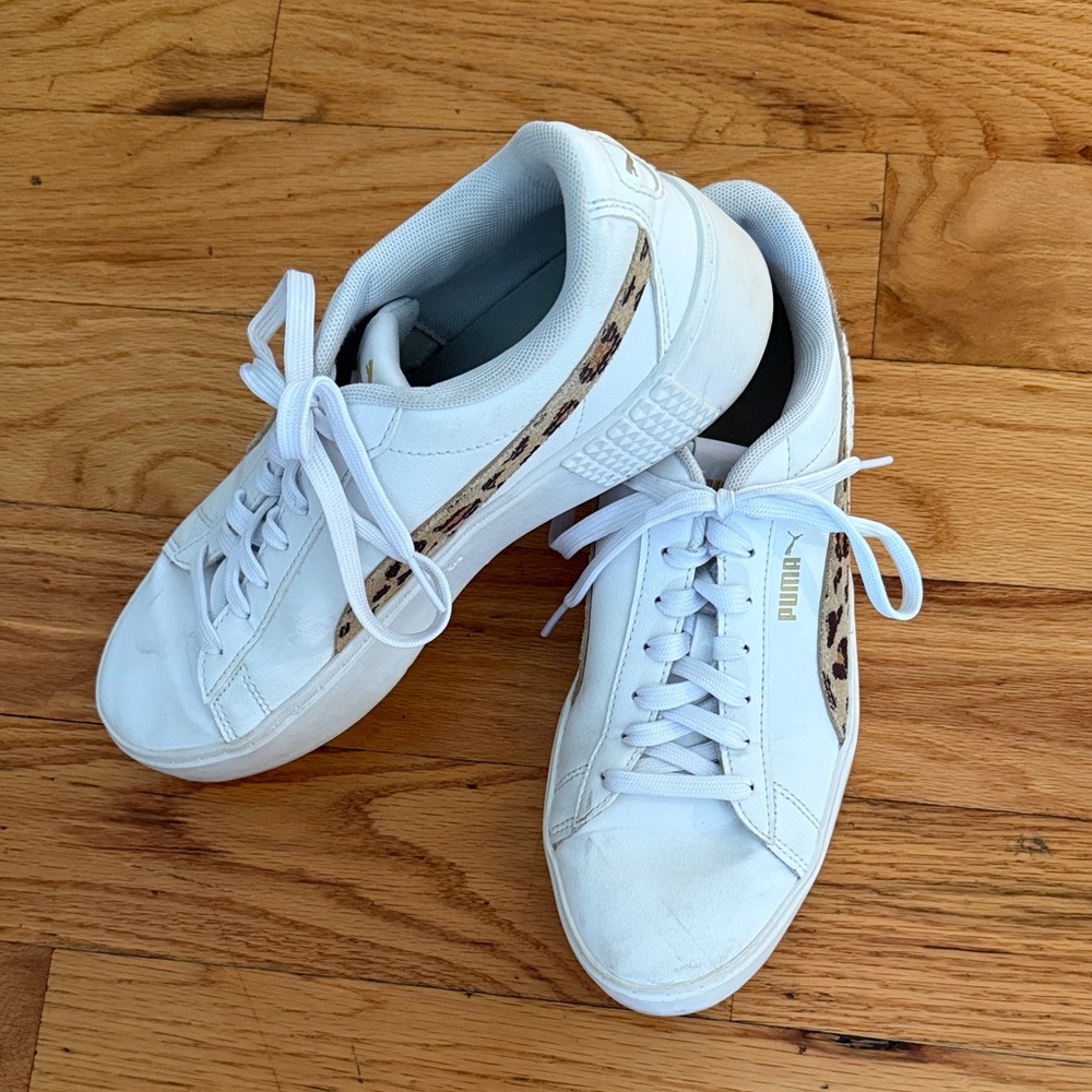 Puma Women's White and Leopard Print Sneakers